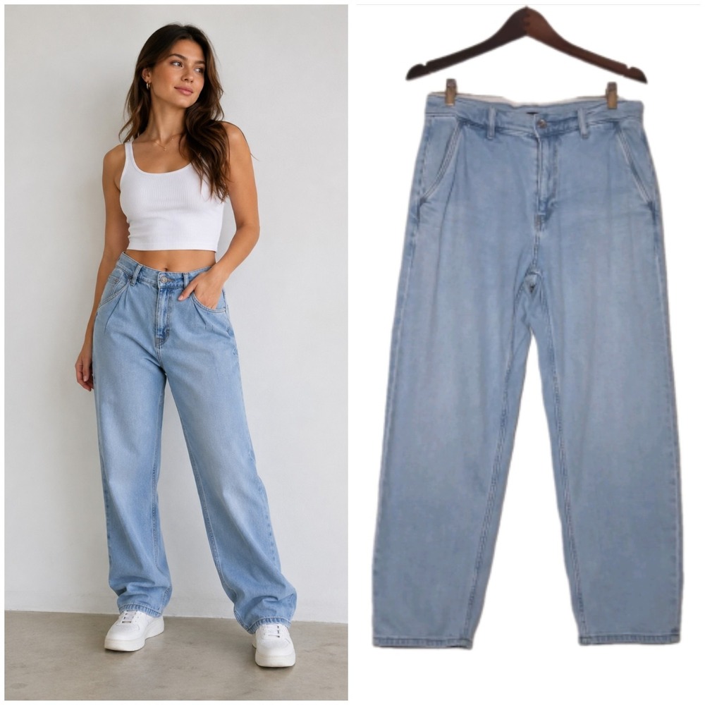 Uniqlo Jeans Blue Loose Tapered Denim Small 27-30 Waist Drawstring High Rise